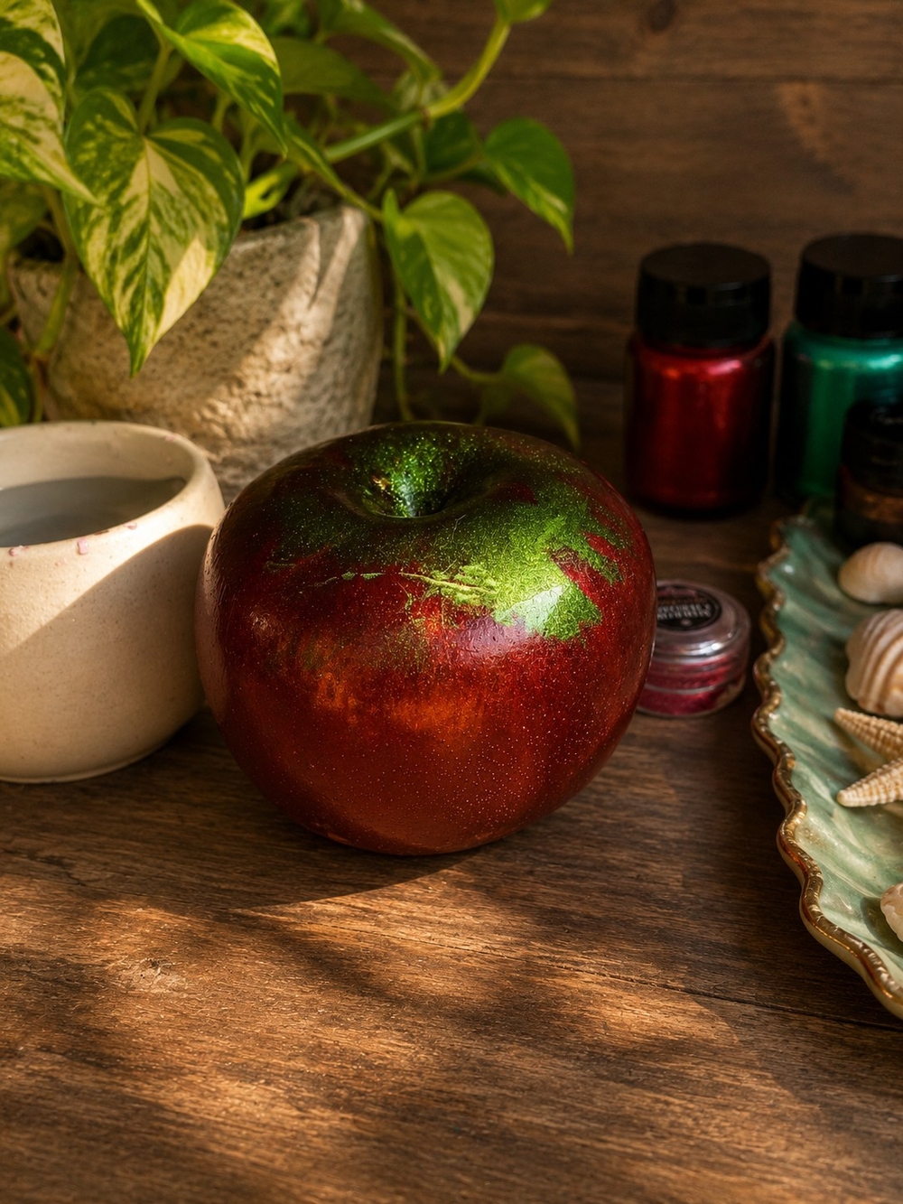 Lustrous Red and Green Decorative Apple Sculpture for Home Display